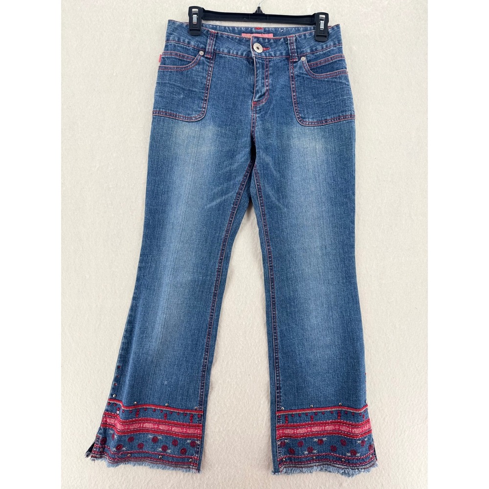 Bongo - VTG Jeans Flare Embroidered Studded Red Stitch - Blue - 16 - Womens